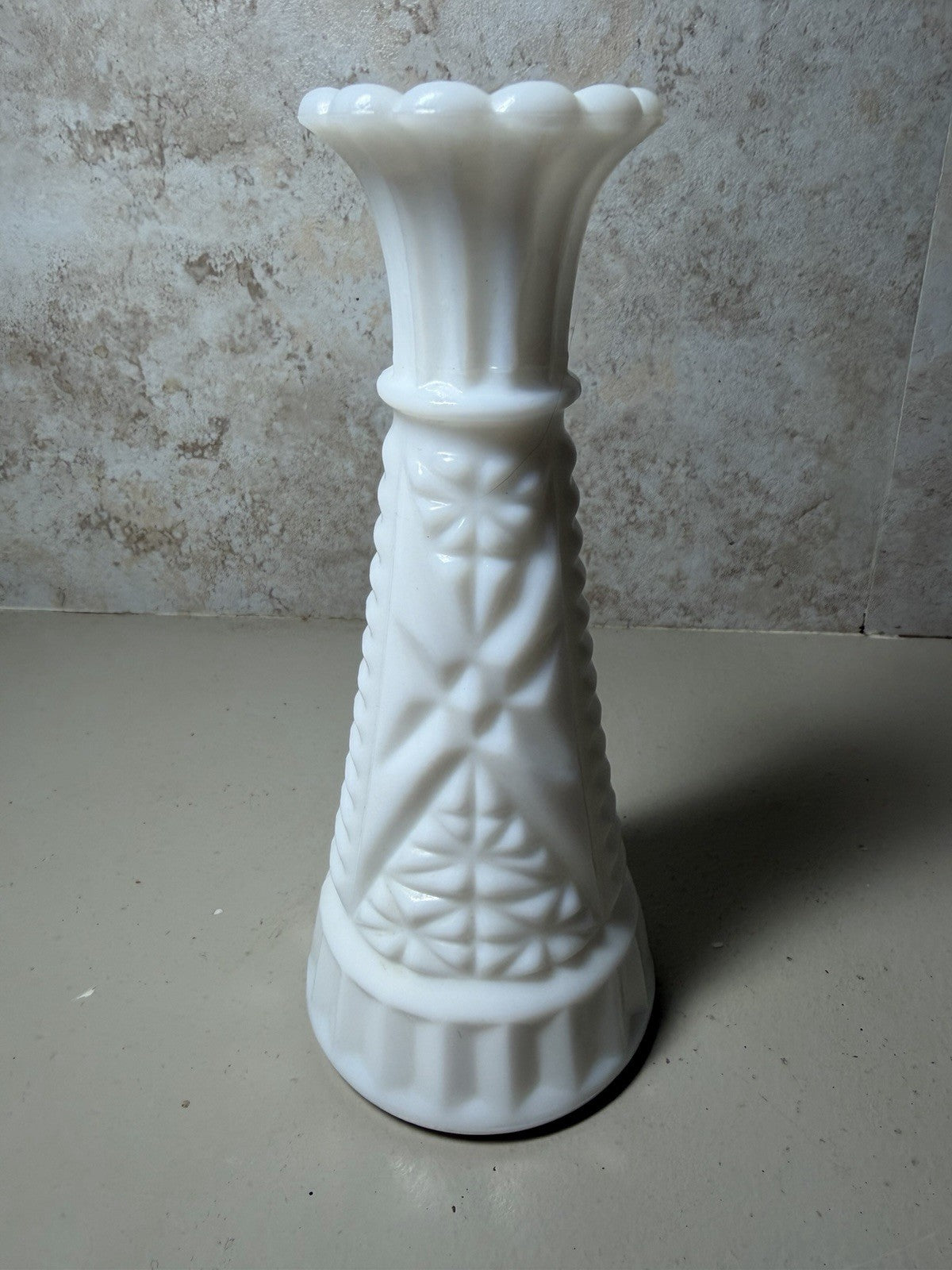 Vintage White Milk Glass Bud Vase 6 Inch Diamond Starburst Scalloped Edge