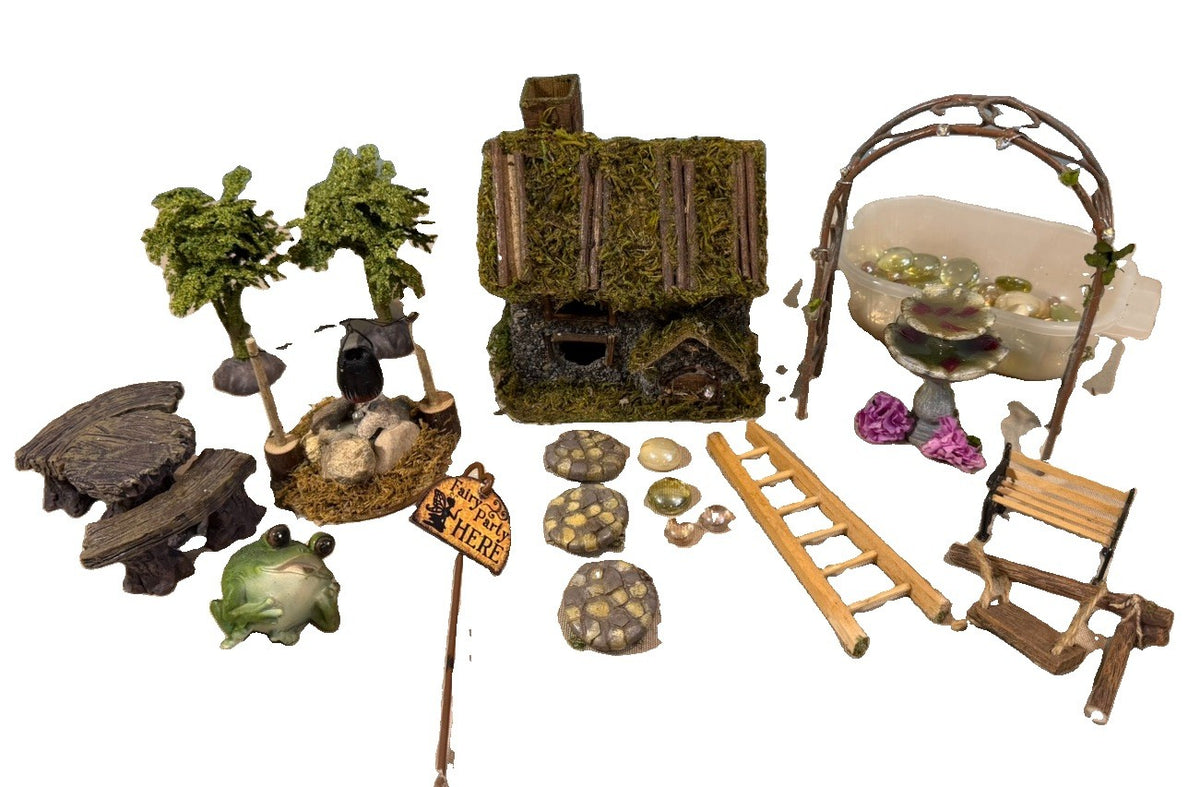 Miniature Fairy Garden Accessories Lot House Tree Arch Frog Bench Ladder Sign