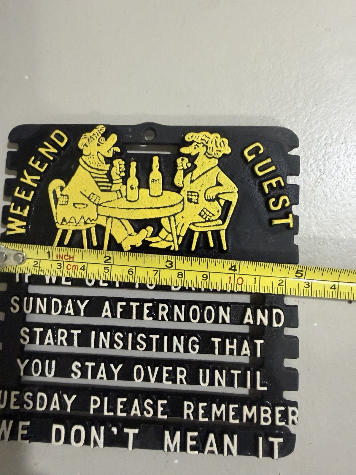 Vintage Cast Iron Trivet Wall Plaque Weekend Guest Drinking Quote USA Sign 6x6