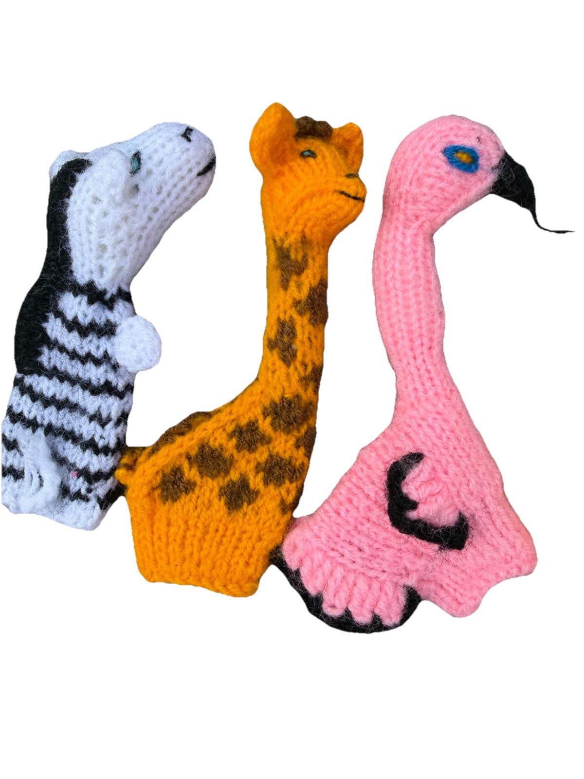 Hand Knitted Wild Animal Finger Puppets Zebra Giraffe Flamingo Snail Monkey Fish