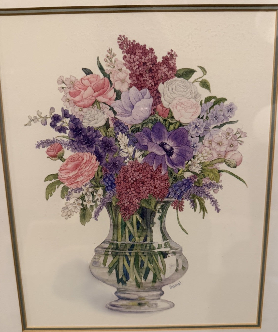 Anemone Bouquet Watercolor Bambi Papais Rope Design Framed Art 16x18