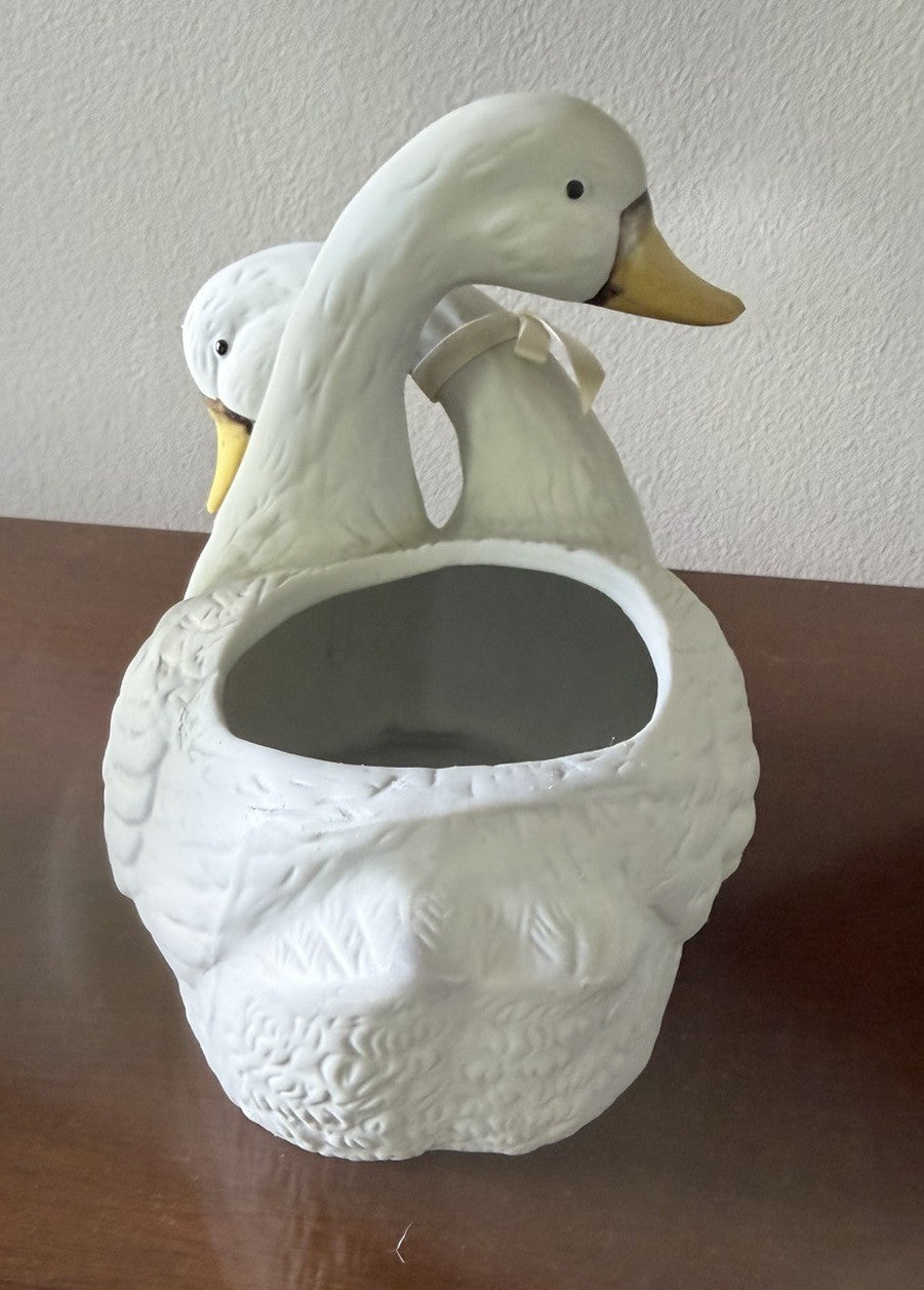 Vintage Holland Floral Goose Duck Ceramic Cachepot Planter 5" White Pair