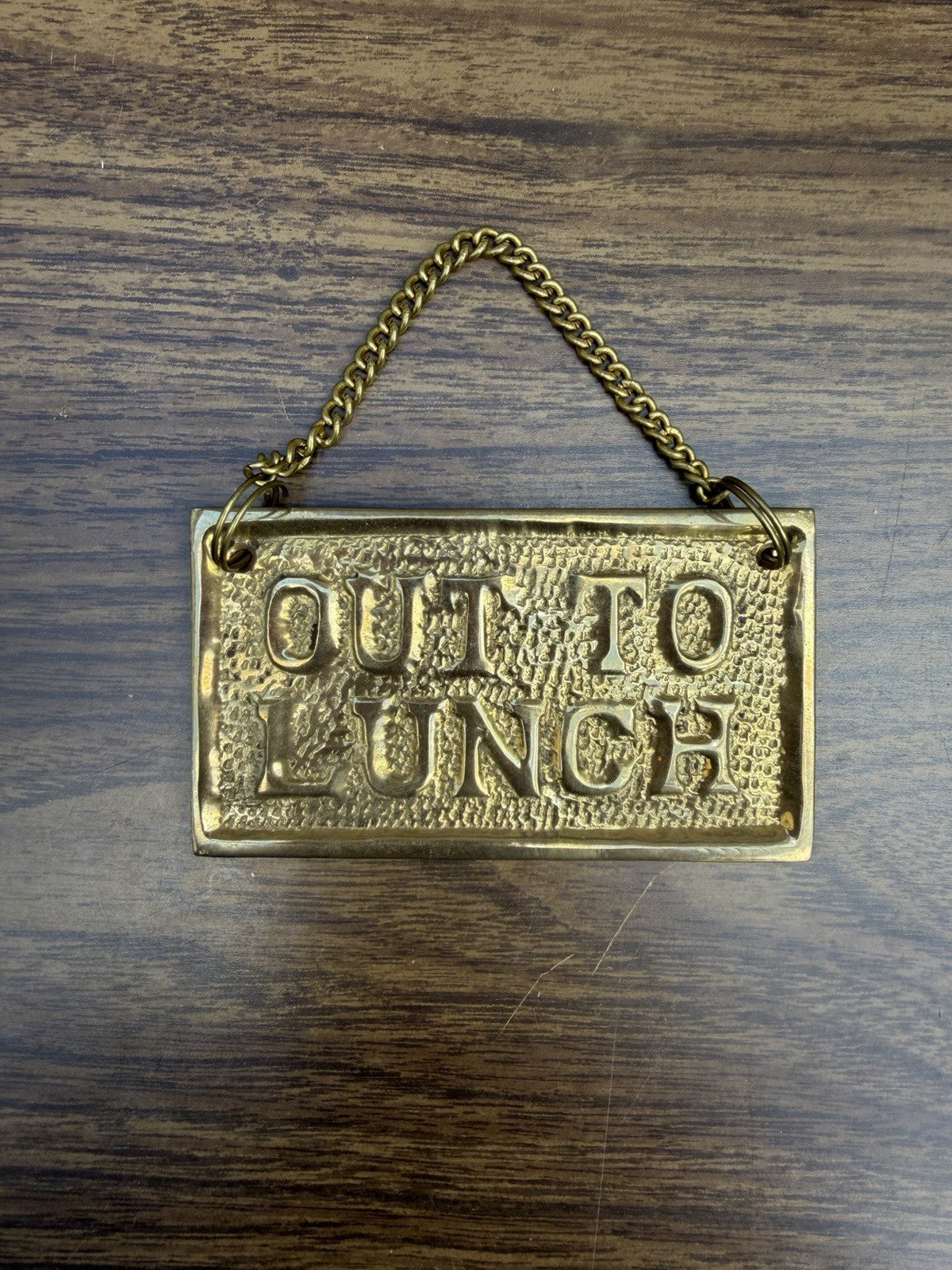 Vintage Brass Gone Fishing Out To Lunch Hanging Novelty Sign