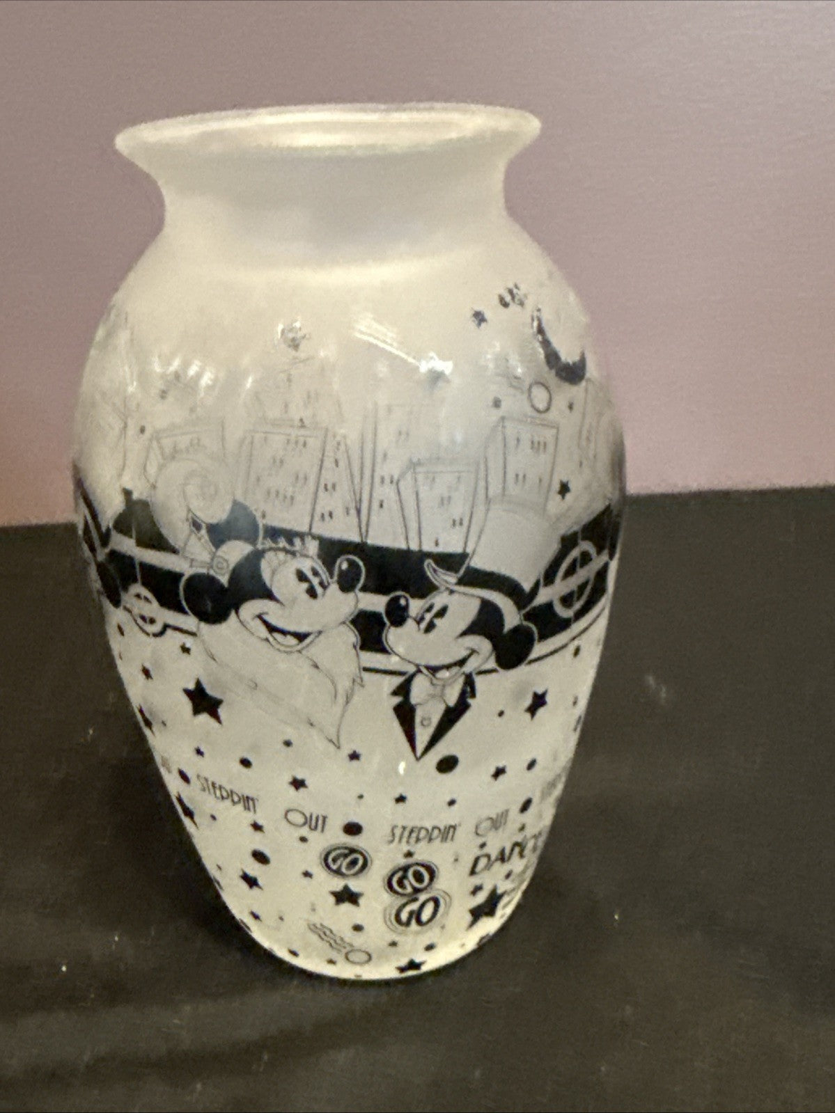 Disney Mickey Minnie Steppin Out Frosted Glass Vase Black White 5.5"