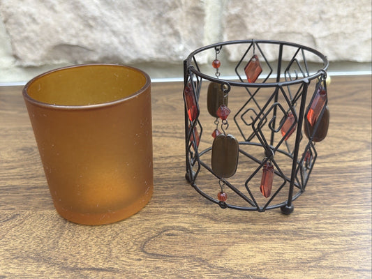 Amber Glass Votive Candle Holder Art Deco 3.5" Decorative