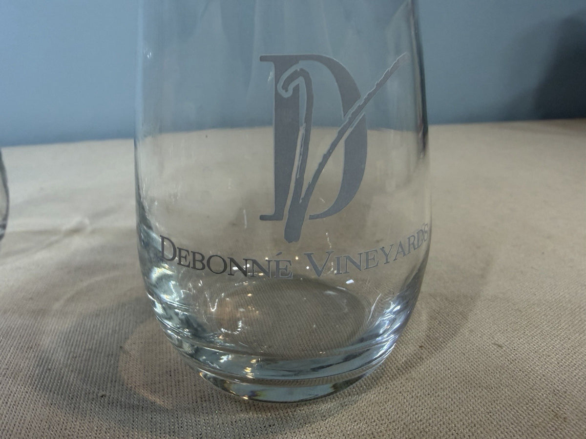 Grand Traverse Debonne GRV Etched Stemless Wine Glasses Lot 4 Tasting Tumblers