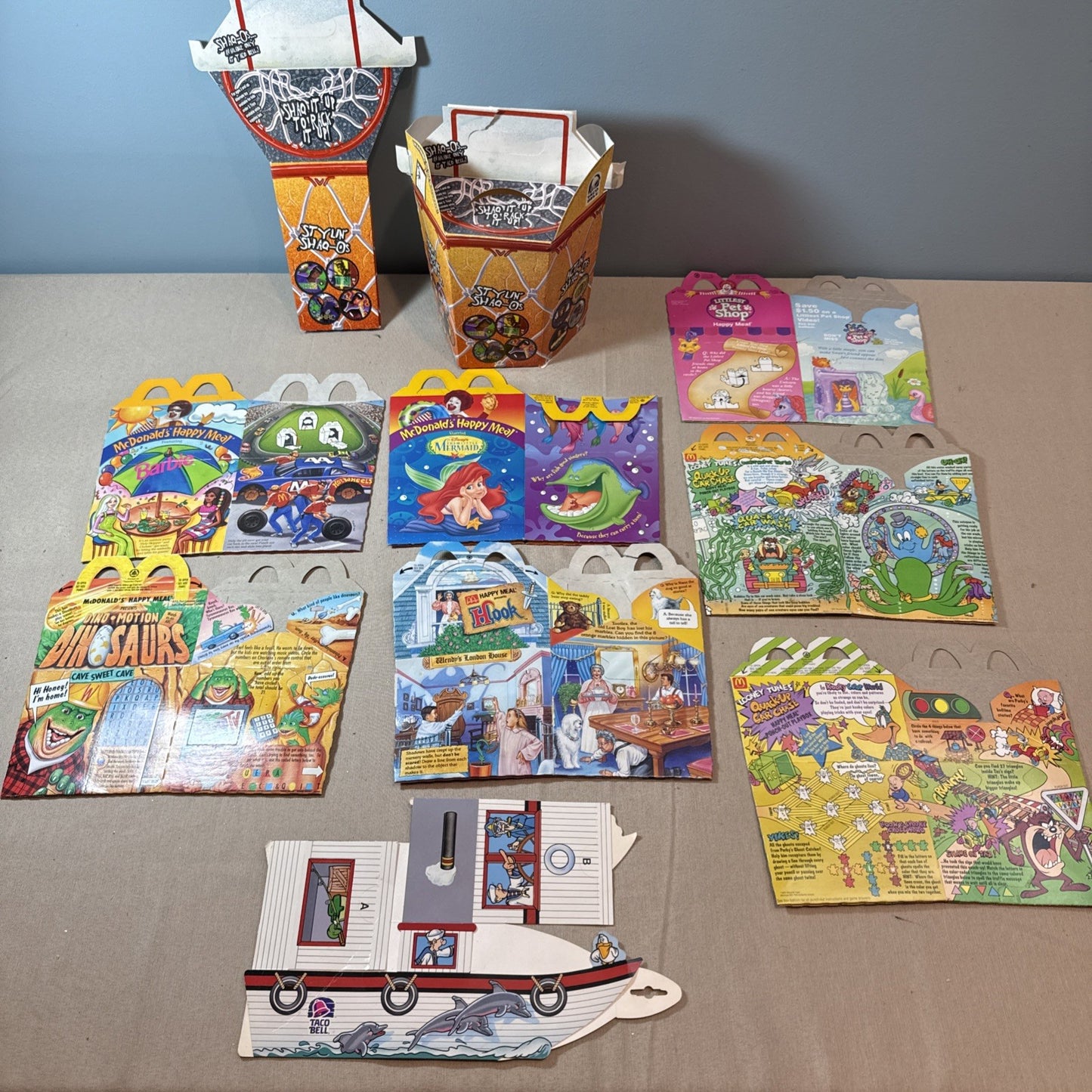 Vintage McDonalds Taco Bell Kids Meal Box Lot 10 Barbie Ariel Shaq Looney Toons