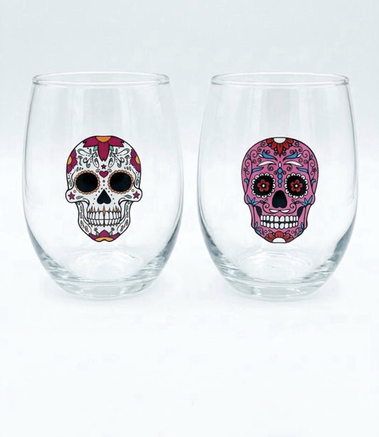 Day of the Dead Sugar Skull Stemless Wine Glasses Set of 2 White Muertos 12 oz