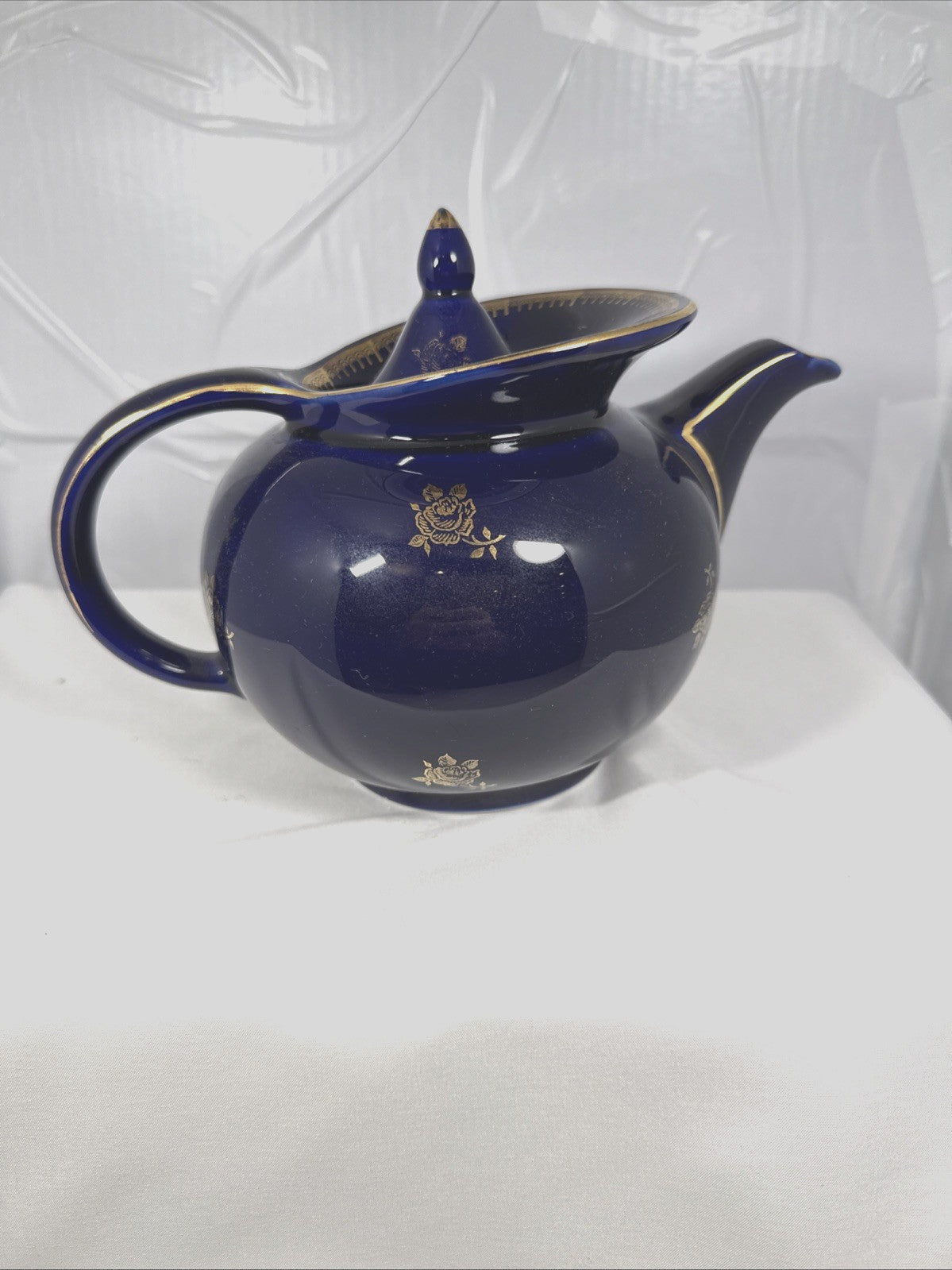 Vintage Hall Blue Ceramic Teapot Gold Trim Floral Mid Century Style