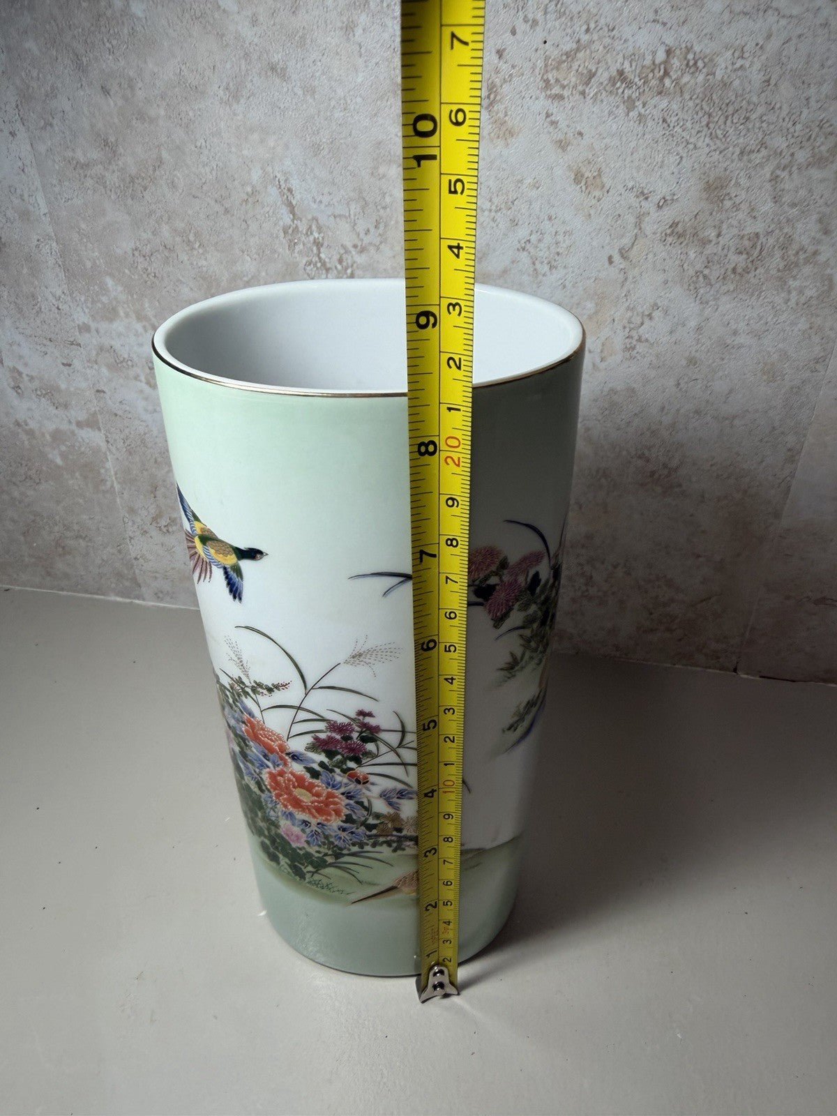 Vintage Japanese Porcelain Vase Green Floral Bird Motif Hand Painted Gold Trim