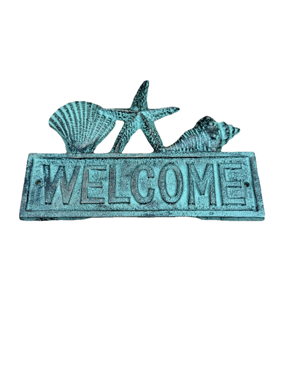 Heavy Cast Iron Coastal Welcome Plaque Aqua Green Blue Nautical Decor