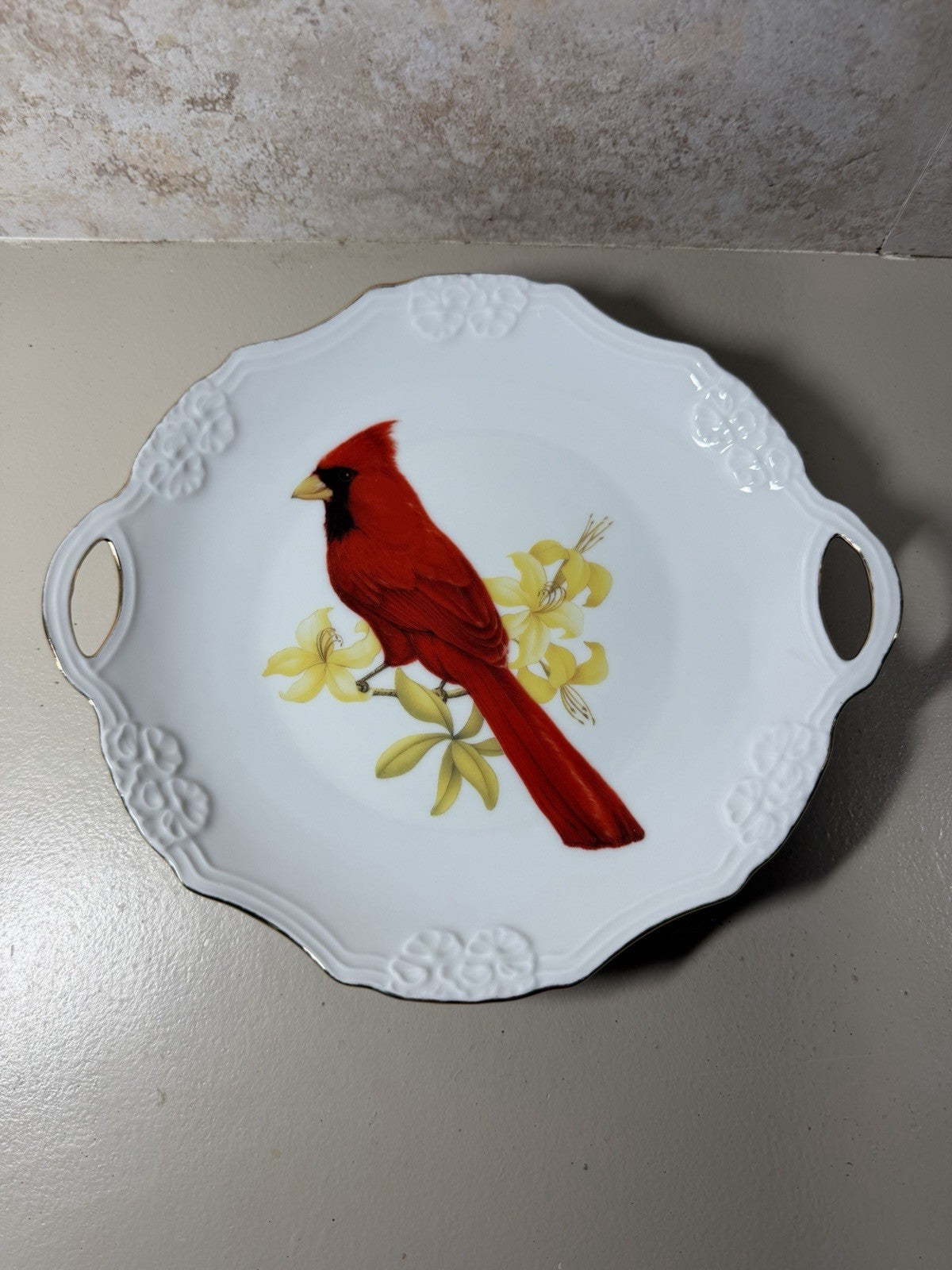 VTG Cynthiana Gifts Cardinal Serving Plate Handle Porcelain White Red Bird 9.5"