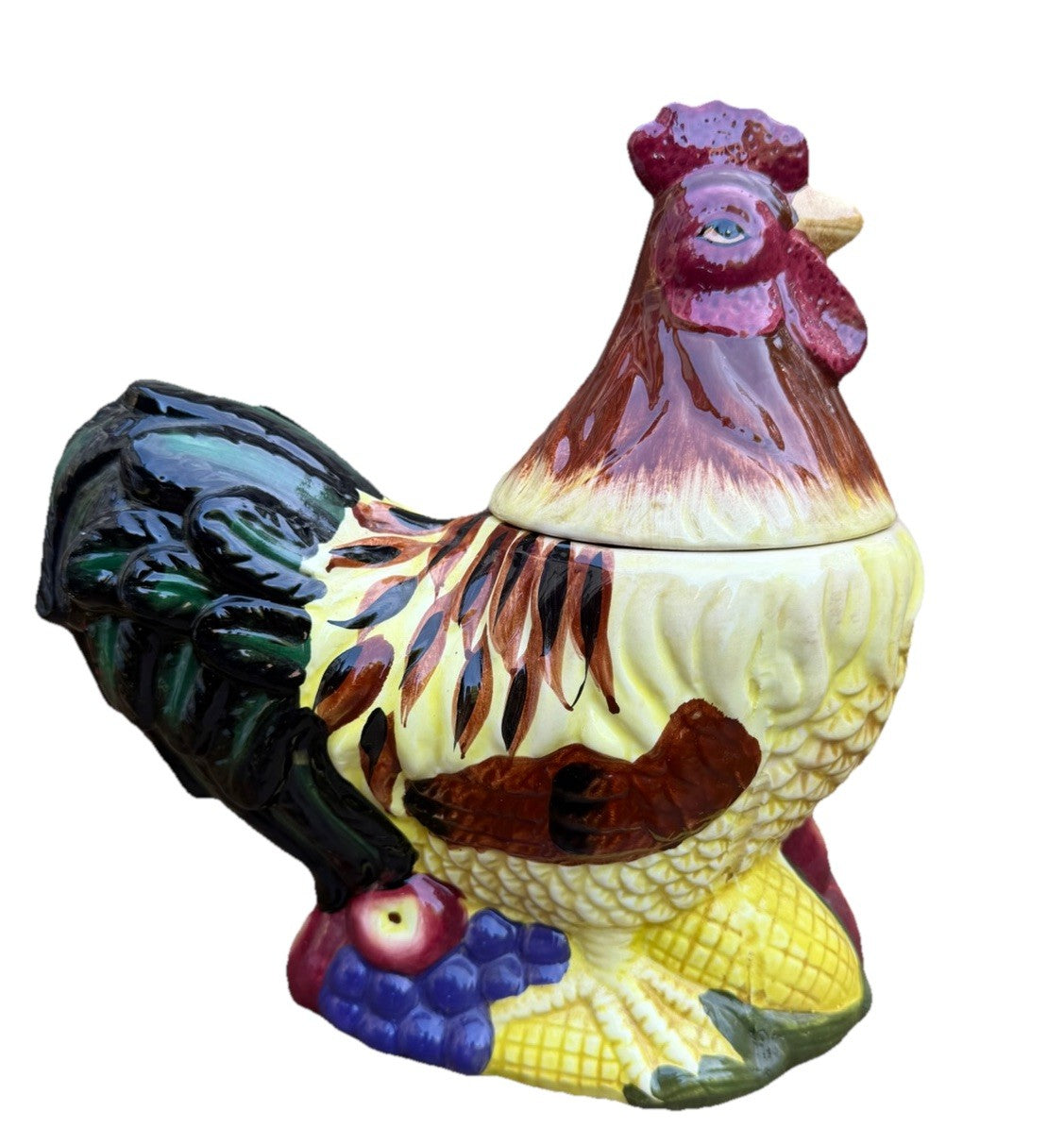 Vintage Rooster Hen Ceramic Cookie Jar Canister Fruit Relief Lid