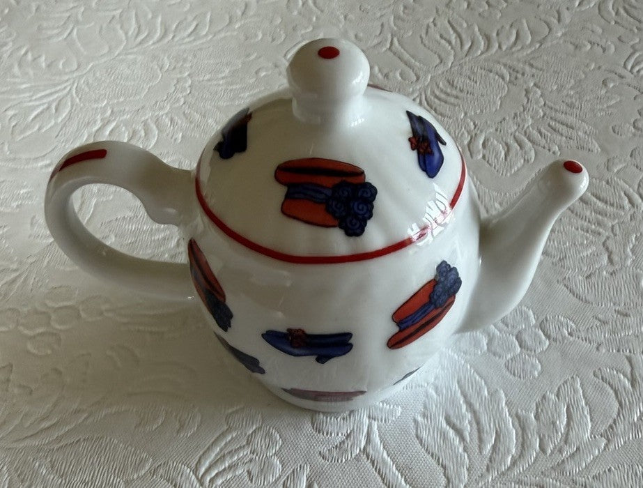 Red Hat Society Miniature Ceramic Teapot Ornament Red Purple Motif Collectible
