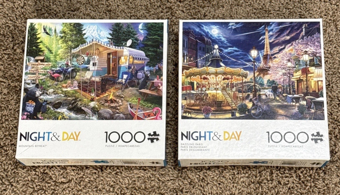 Buffalo Night & Day 1000 pc Puzzle Lot  Mountain Retreat & Dazzling Paris