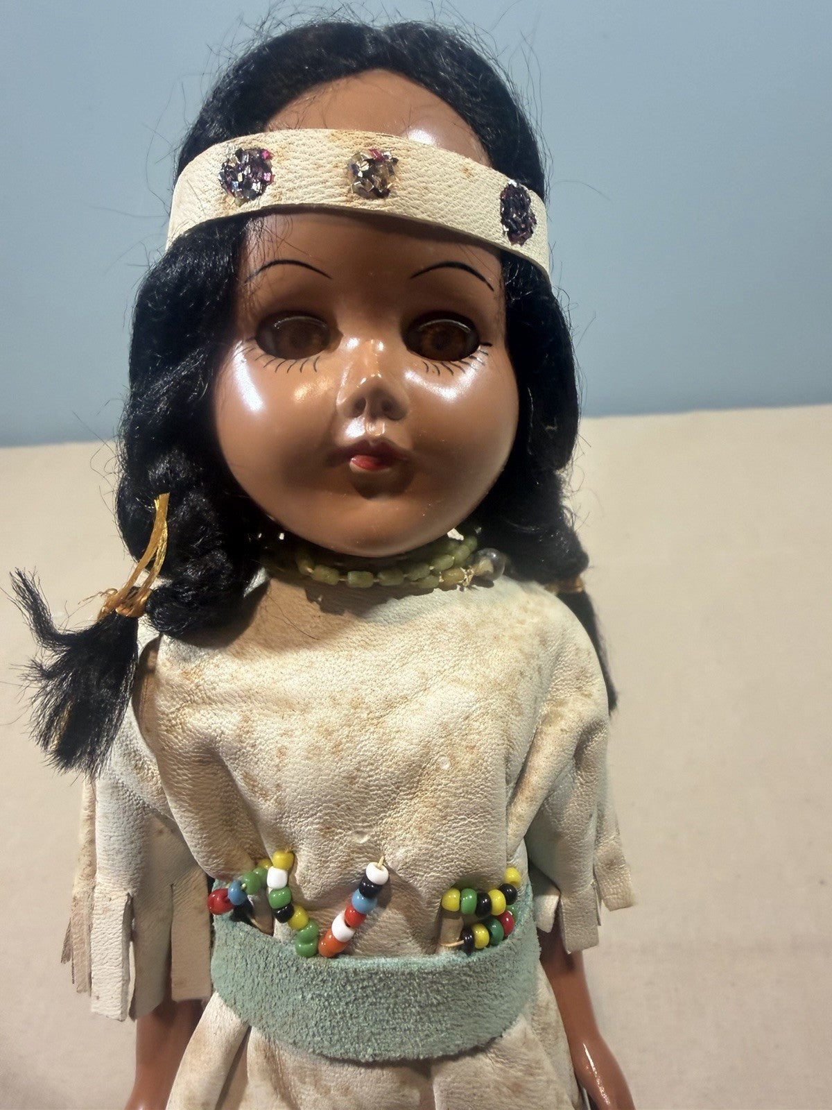 Vintage Native American Doll Sleepy Eyes Leather Beaded Dress 10"