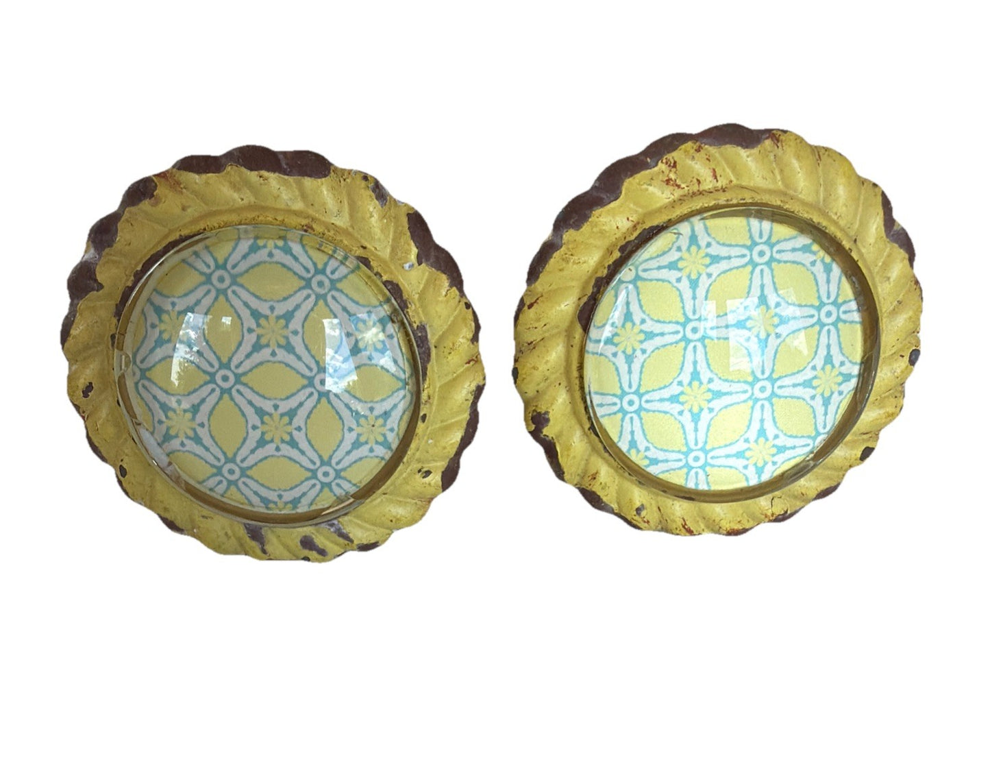 Vintage Metal Drawer Pulls Glass Centers Yellow Blue Shabby Chic Set 2 Hardware