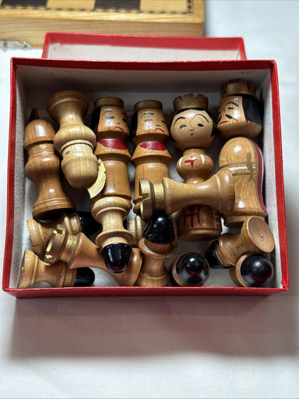 Vintage Japanese Kokeshi Wood Chess Set Hand Painted Pieces Folding Board Boxes