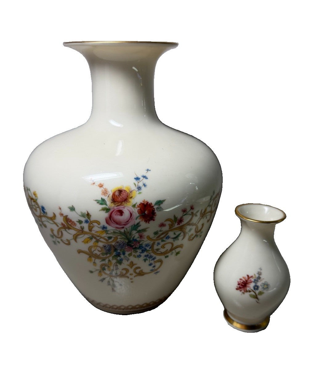 Vintage Lenox Queen's Garden Vase Set Large 10” & Bud Vase 3.5” Floral Gold Trim