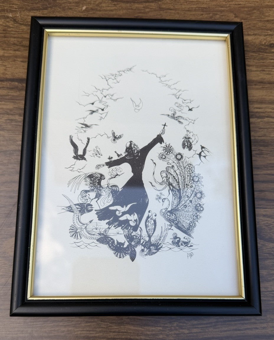 VTG St Francis of Assisi Birds Print Signed M McGrath Framed 1986 Religious Art
