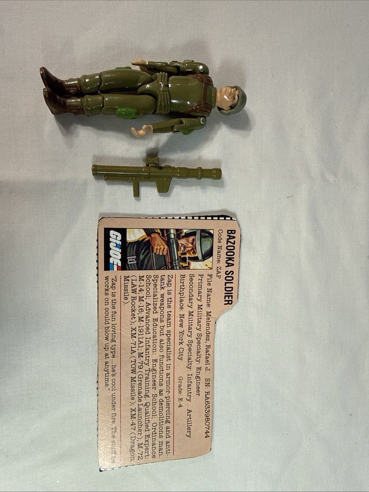 GI Joe 1983 Zap Bazooka Soldier Used and  with file card Action Figure