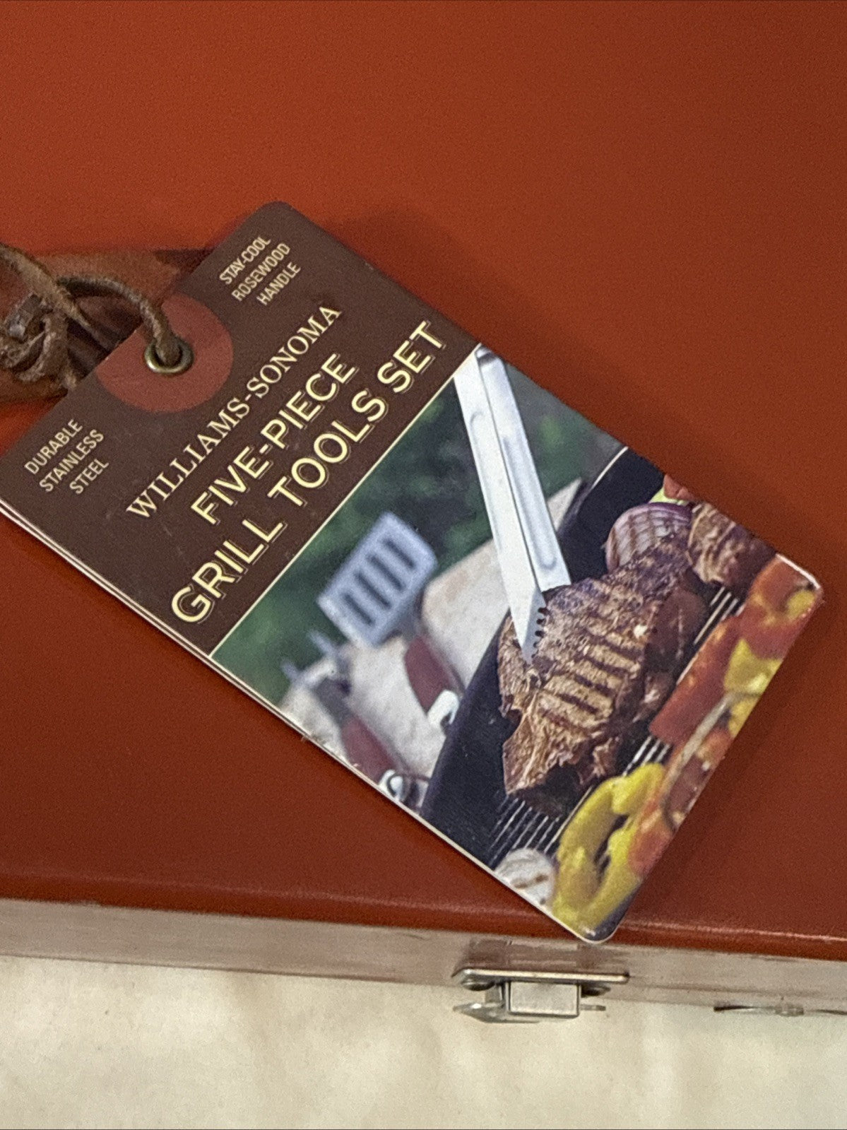 Williams Sonoma 5 Piece BBQ Grill Tool Set Stainless Steel Wood Case New