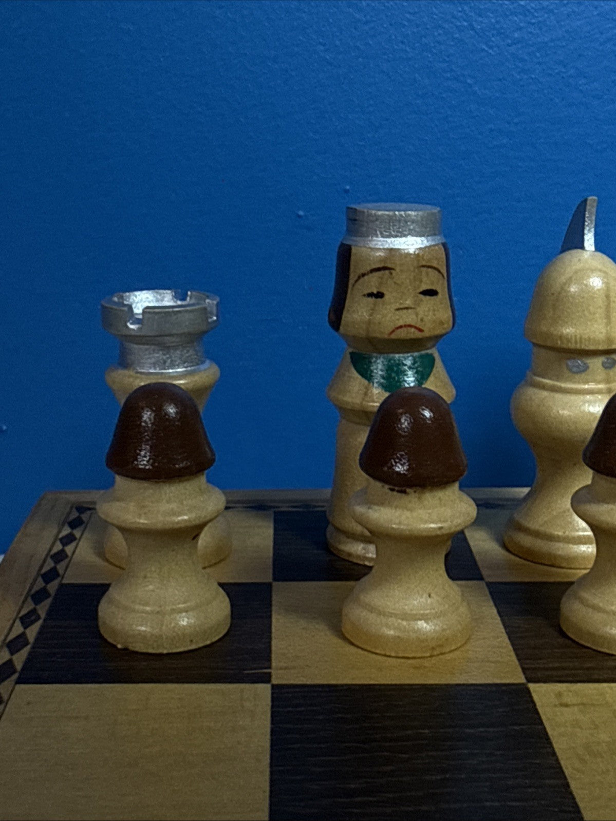 Vintage Japanese Kokeshi Wood Chess Set Hand Painted Pieces Folding Board Boxes