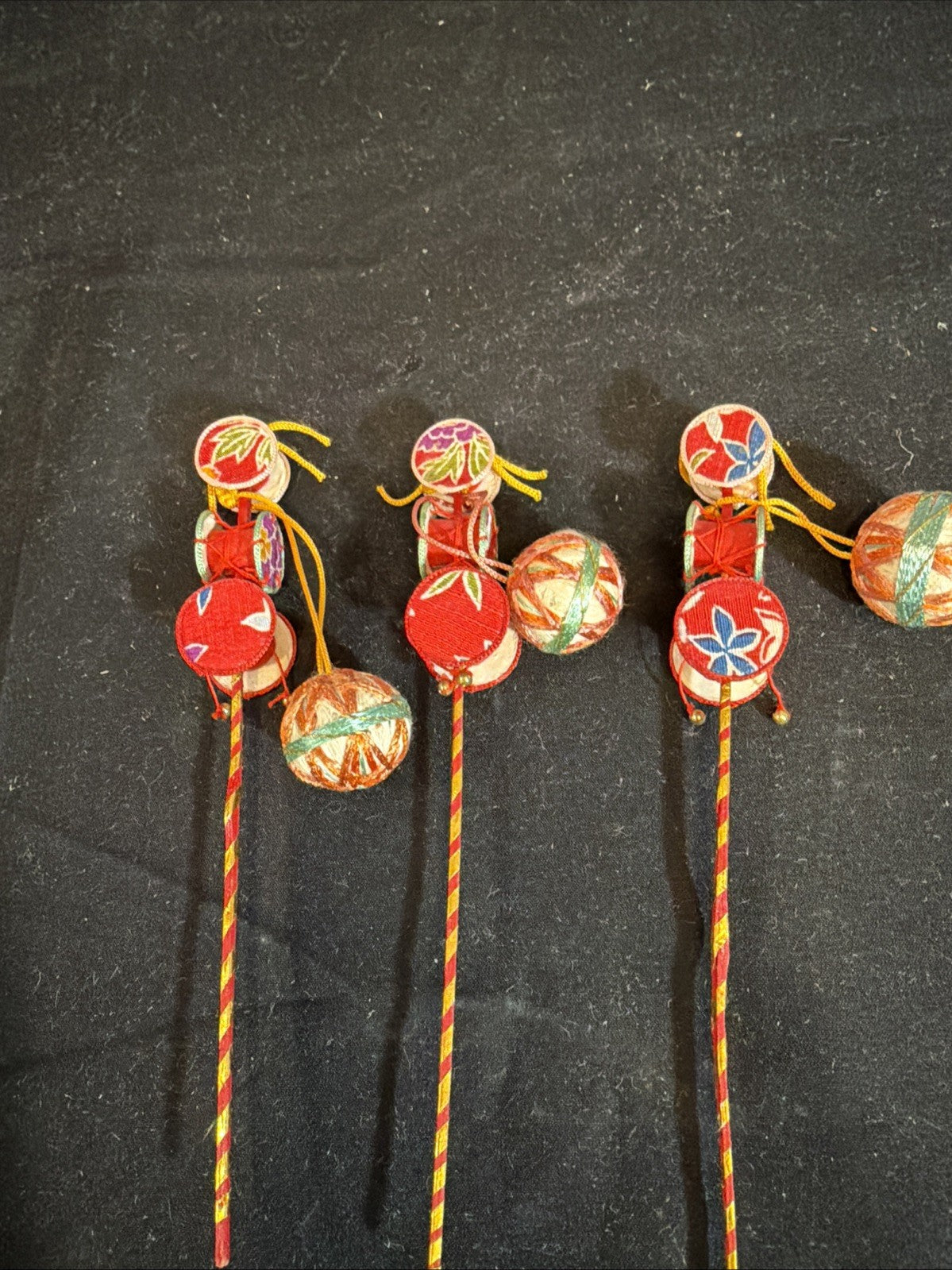 Japanese Den Den Daiko Toy Drums Folk Art Craft Set of 3 6"
