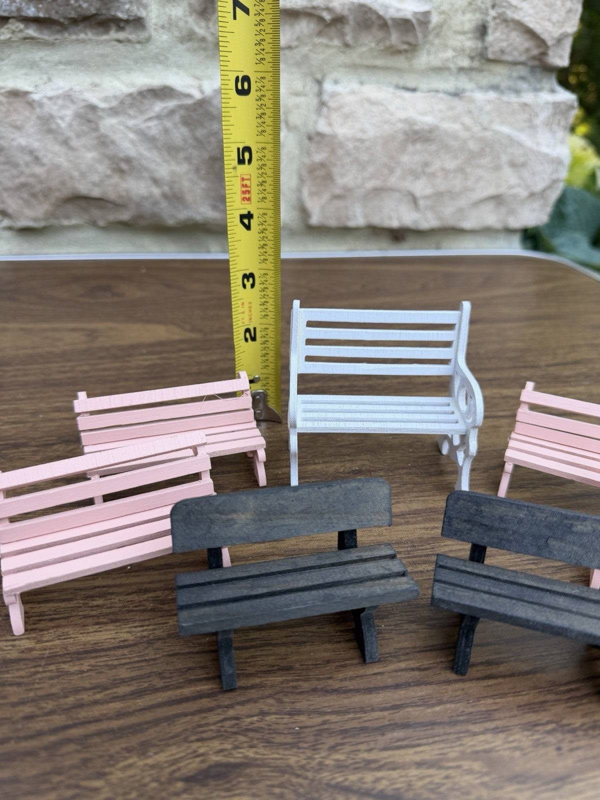 Vintage Miniature Wooden Park Bench Lot 7pc Dollhouse Furniture Taiwan 1:12