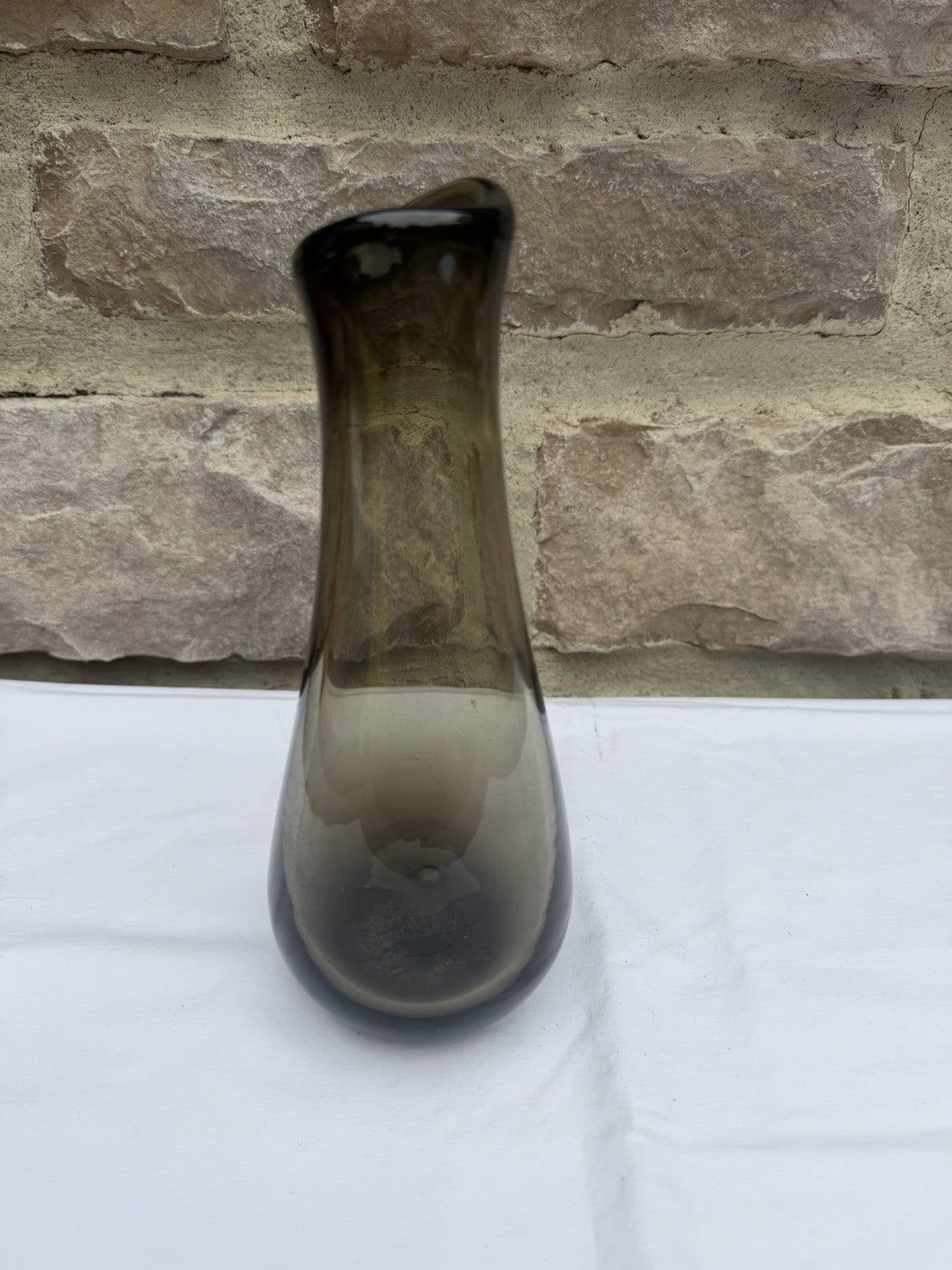 Vintage Mid Century Modern Smoky Brown Glass Bud Vase Angled Rim Bulbous Base