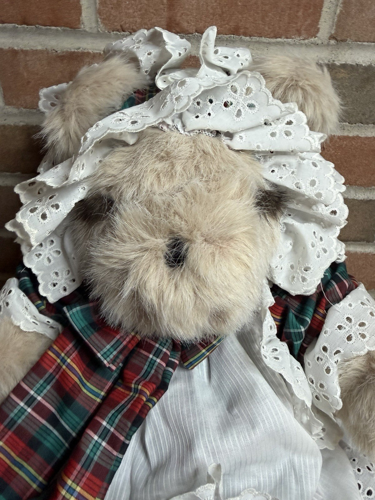 Vintage 1976 Ms Noah Plush Teddy Bear Mama Bear Plaid Eyelet Bonnet Dress Doll