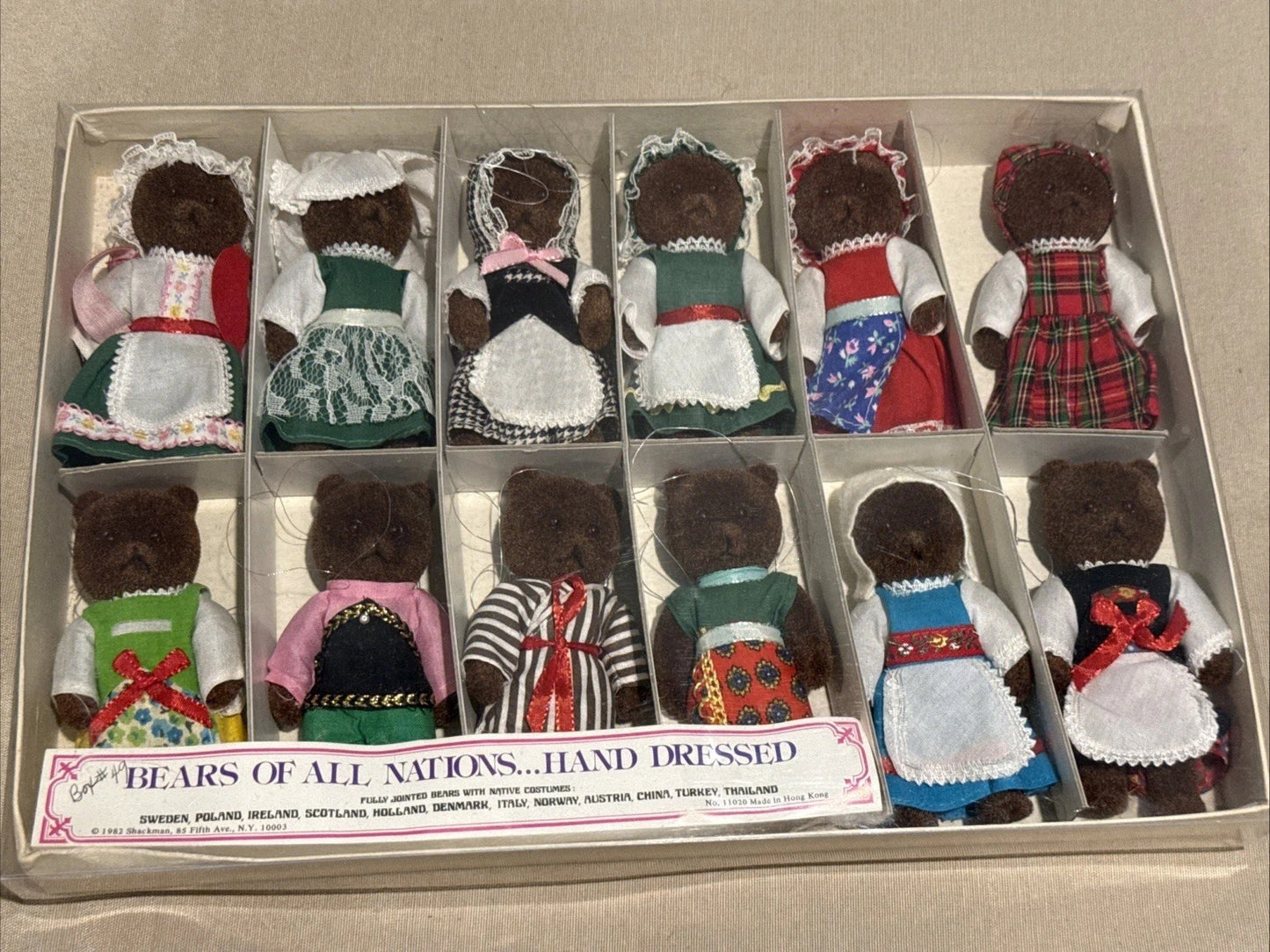 Vintage Shackman Teddy Bears Of All Nations Set 12 Flocked Bears 1982