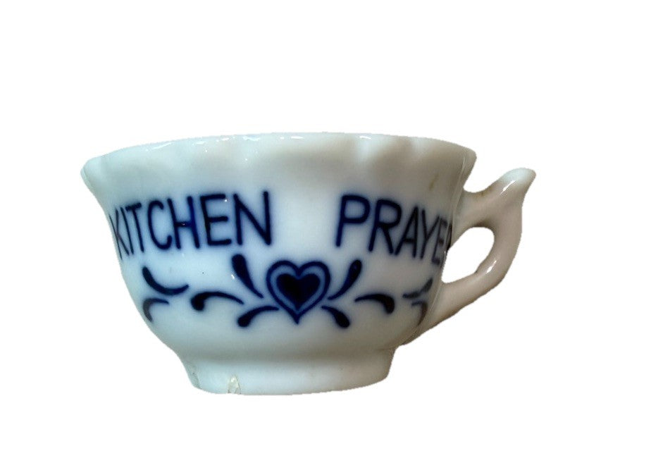 Vintage Miniature Cup Saucer Kitchen Prayer He Made Mothers Blue White