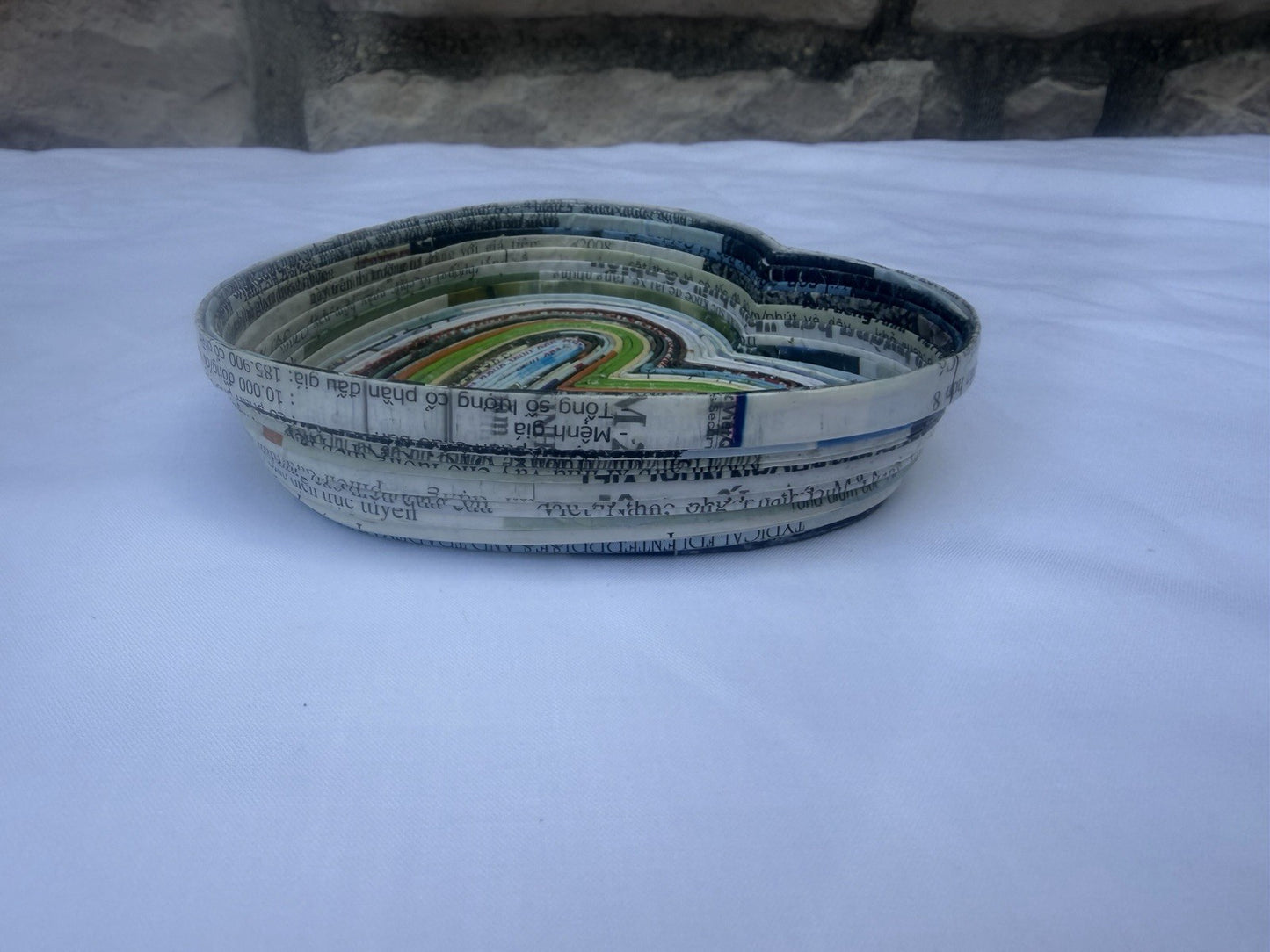 Handmade Recycled Telephone Wire Basket Coiled Newspaper Heart Dish Set Eco Art