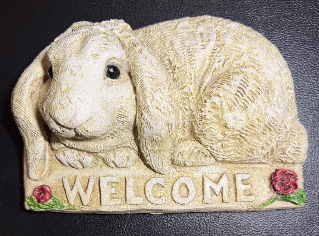 Vintage Stone Bunny Rabbit Welcome Wall Plaque Hand Finished Cottage Garden Deco