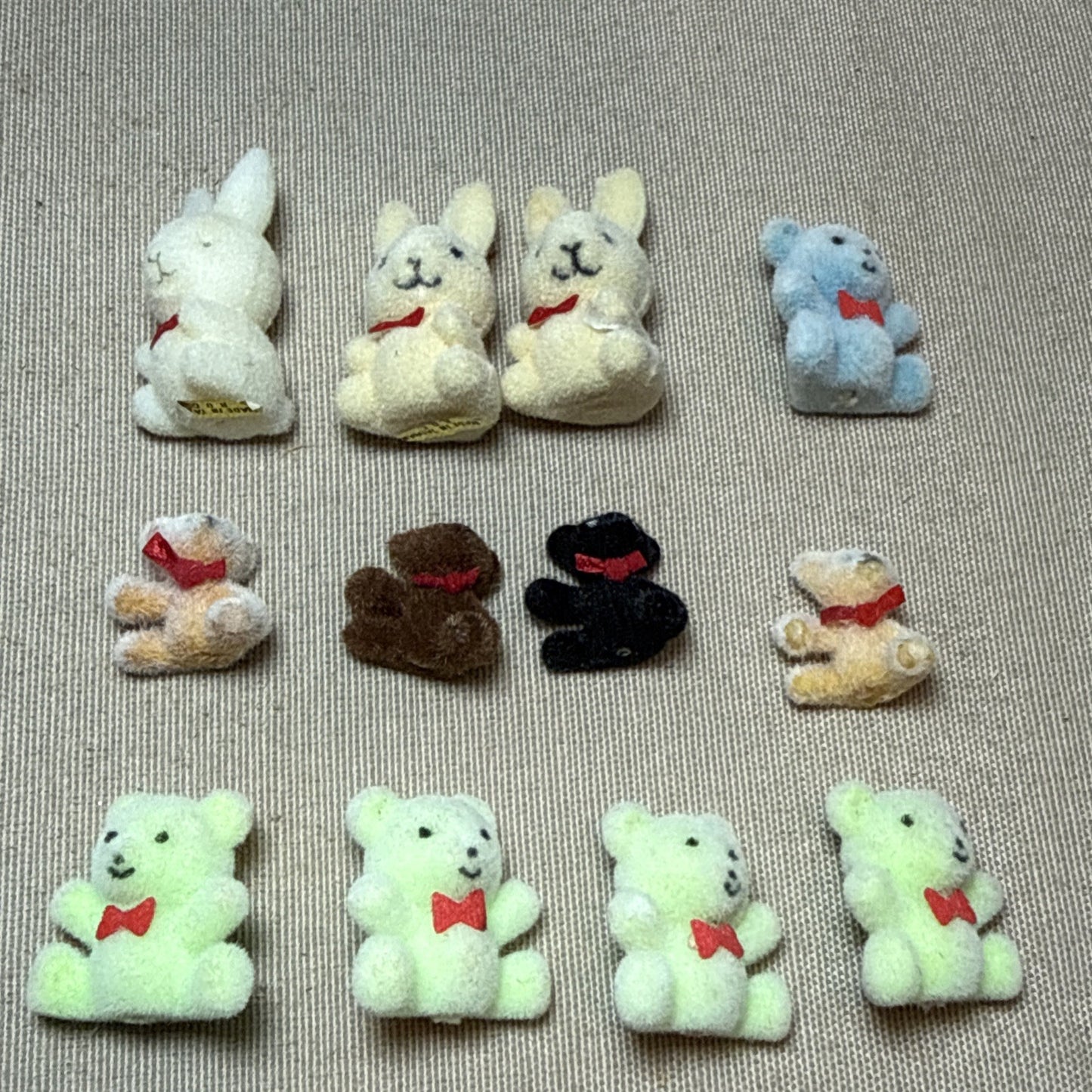 Vintage Miniature Flocked Animal Figurine Lot of 12 Bears Bunnies Fuzzy Figures