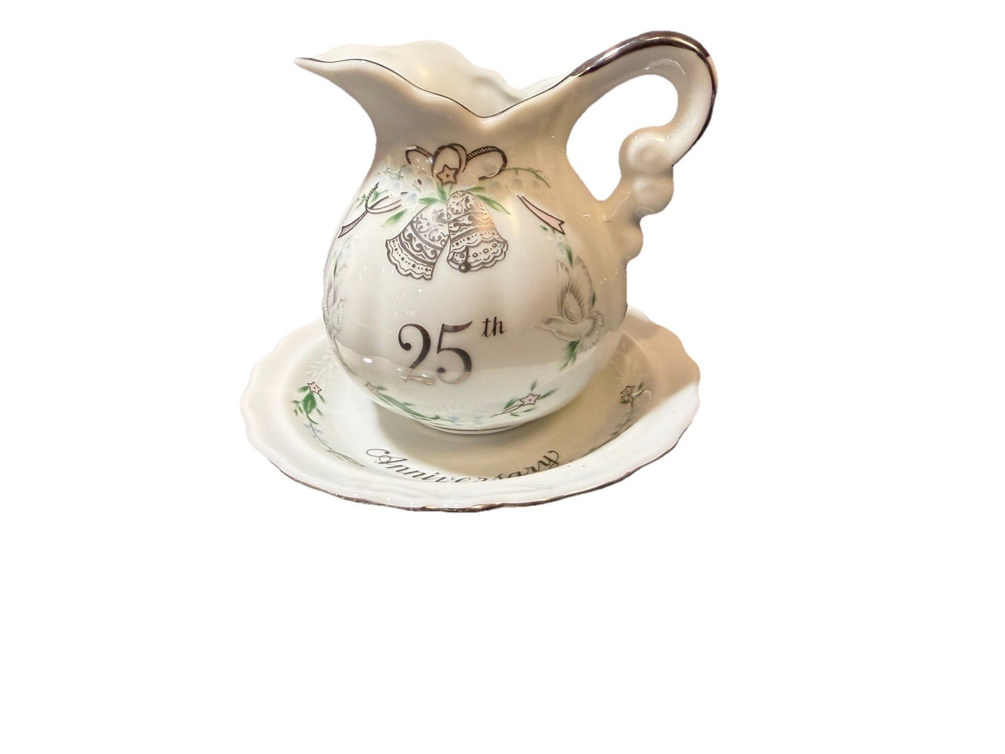 1984 Lefton Hand Painted China 25th Anniversary Pitcher Plate & Candle Votive