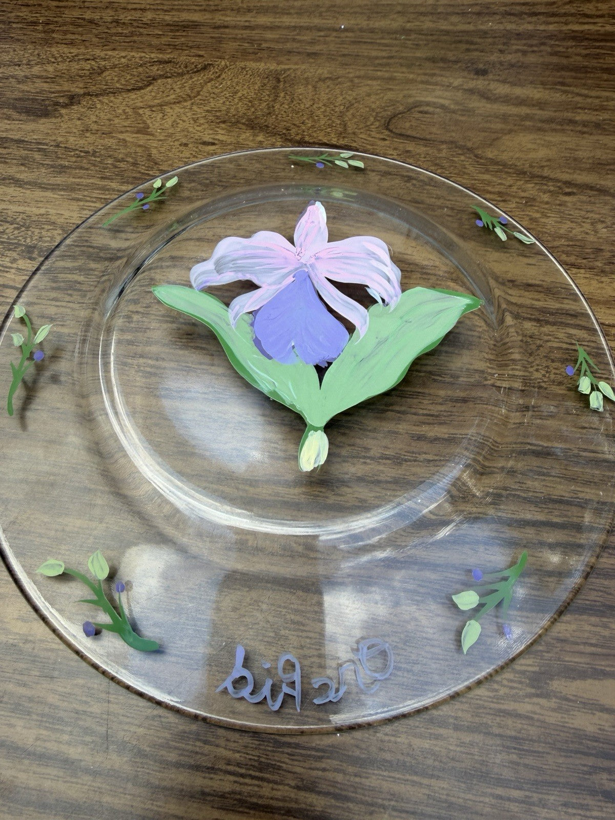 Vintage Reverse Painted Glass Plates Orchid Larkspur Floral Art Set of 2 - 8”