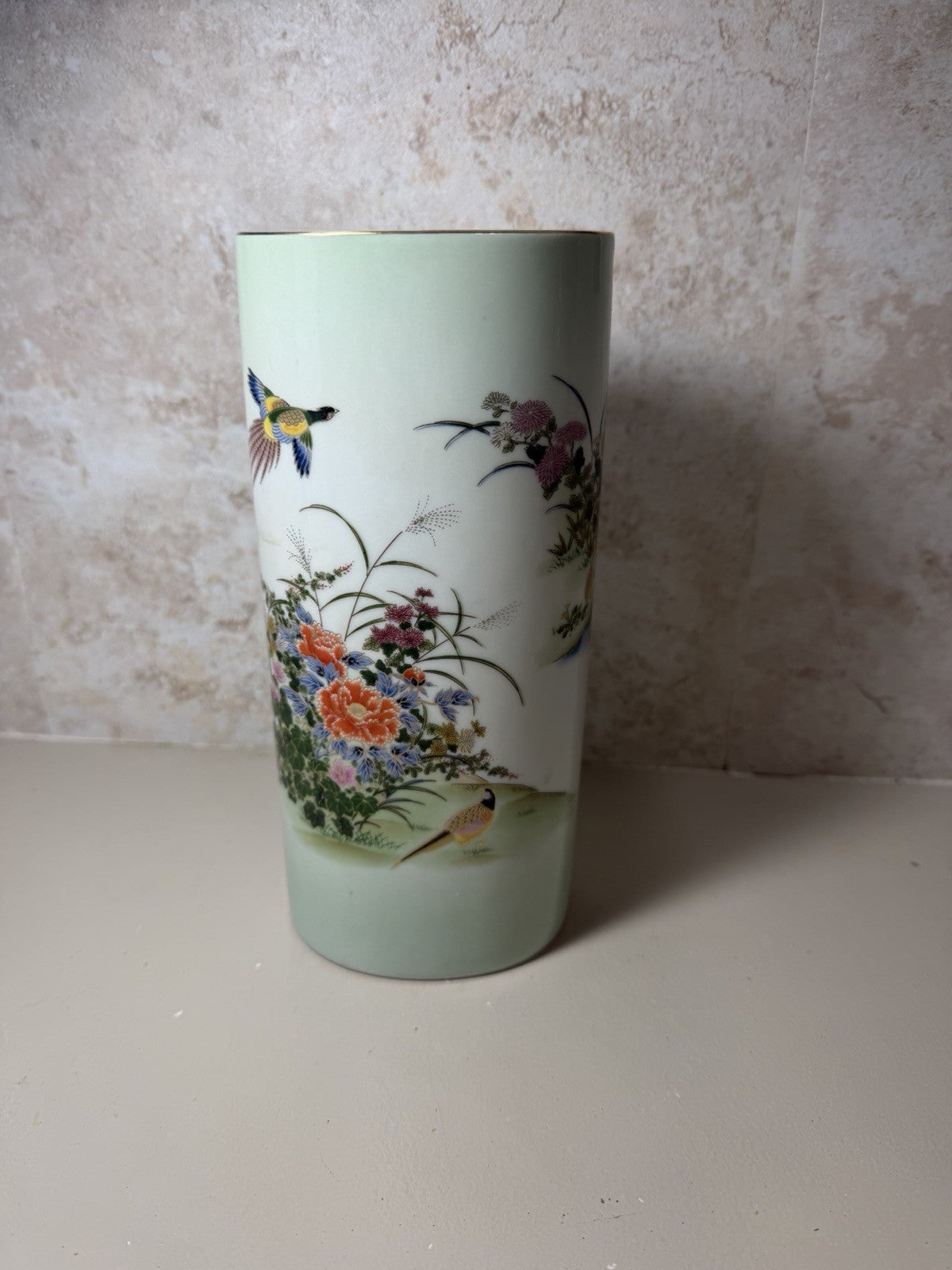 Vintage Japanese Porcelain Vase Green Floral Bird Motif Hand Painted Gold Trim
