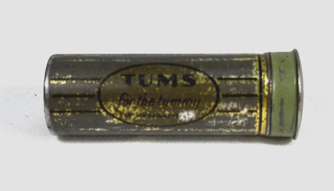 Vintage Tums Tin Container Green & Gold Graphics & Working Push Bottom with Tums