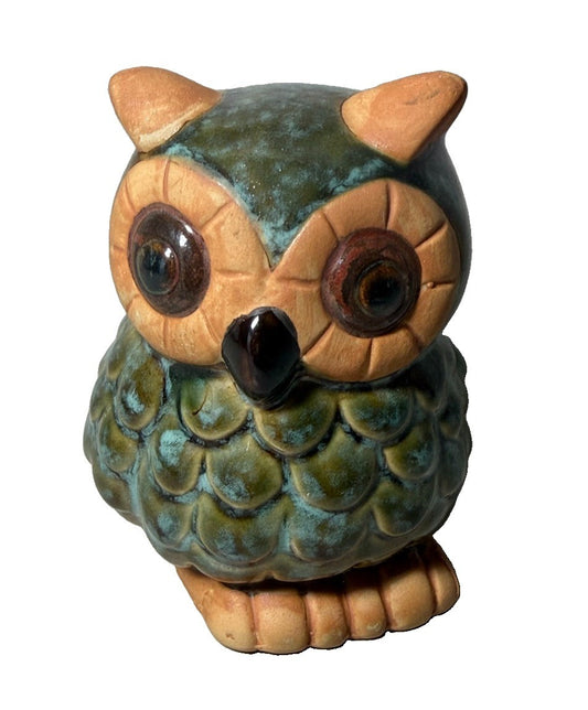 Vintage Studio Pottery Ceramic Owl Figurine Green Glaze Folk Art 4.5 Inch Decor
