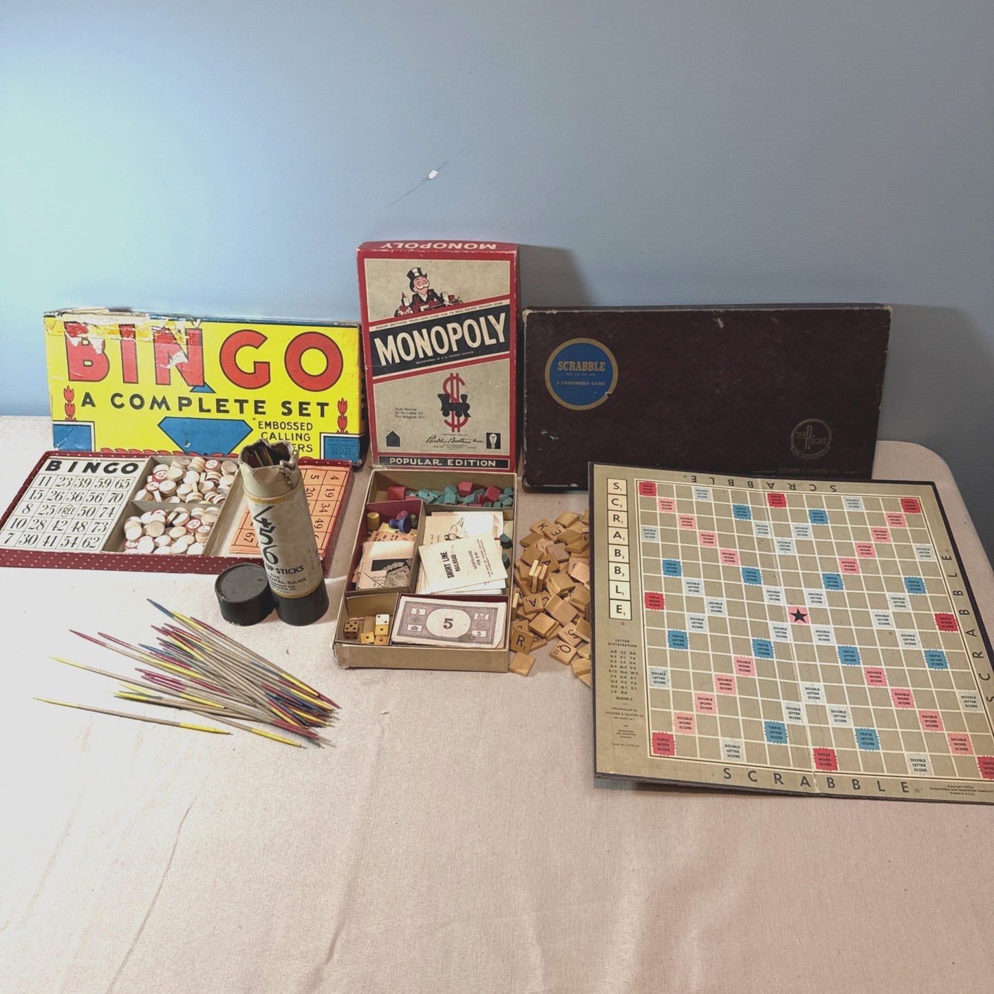 Vintage Board Game Lot Scrabble Monopoly Plus Bingo 456 Pick Up Sticks Lot of 4