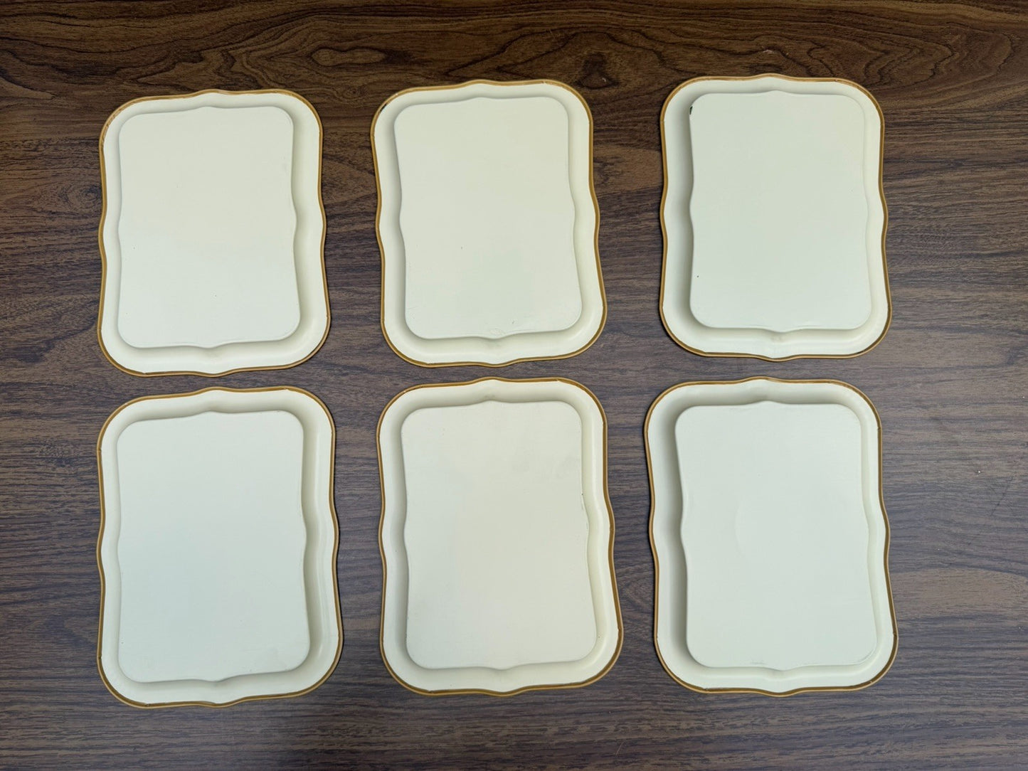 Vintage Mini Metal TV Tray Set 6 Fruit Flower Vanity Trays Cream 8.75 Inch