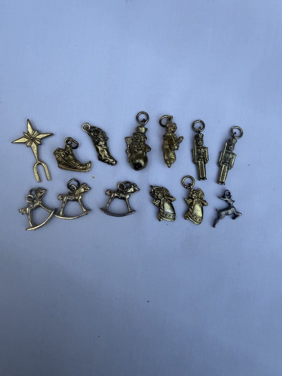 Vintage Solid Brass Christmas Ornament Lot of 13 Miniature Holiday Charms Tree D