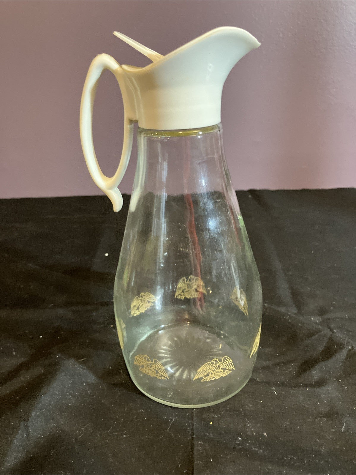 Vintage Log Cabin Syrup Pitcher Glass Bottle Gold Eagle Print