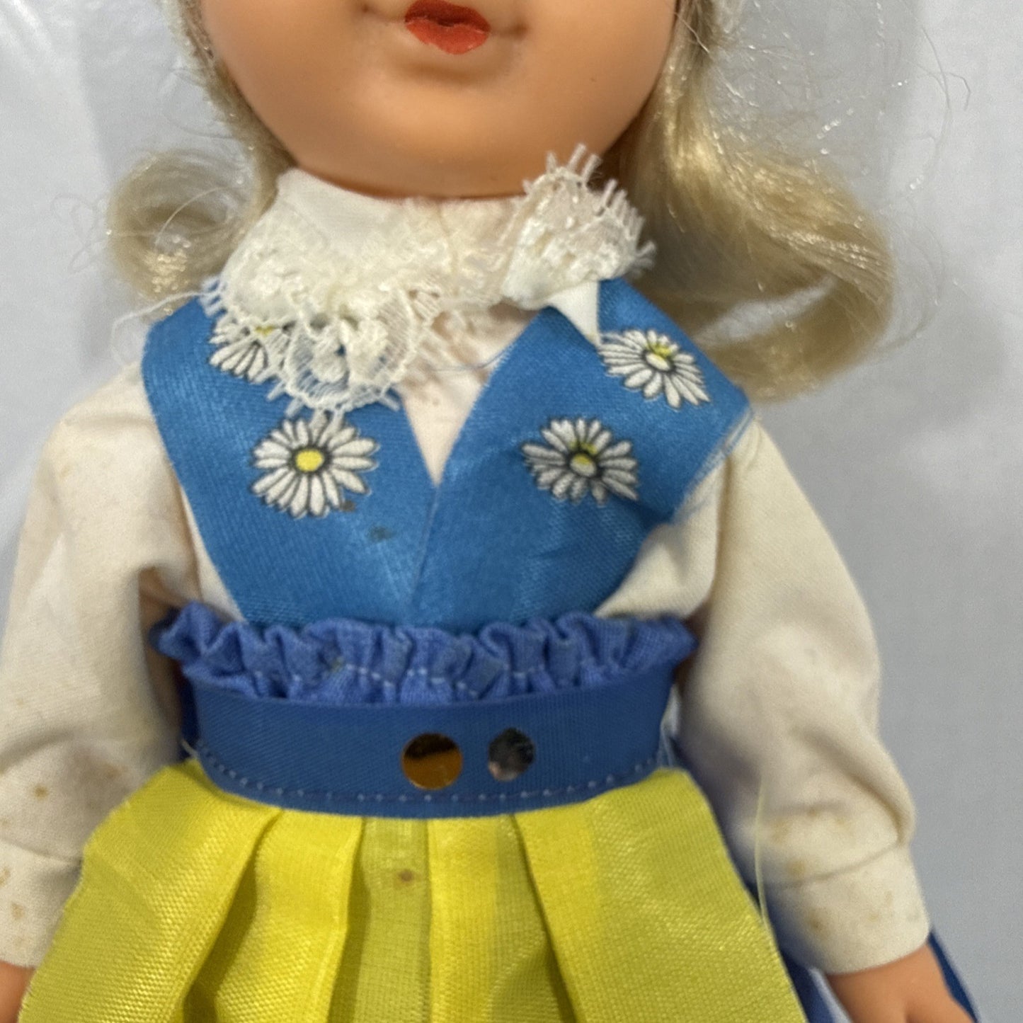 Vintage Sweden Vinyl Doll Sleepy Eyes Blue Yellow Folk Costume 9'