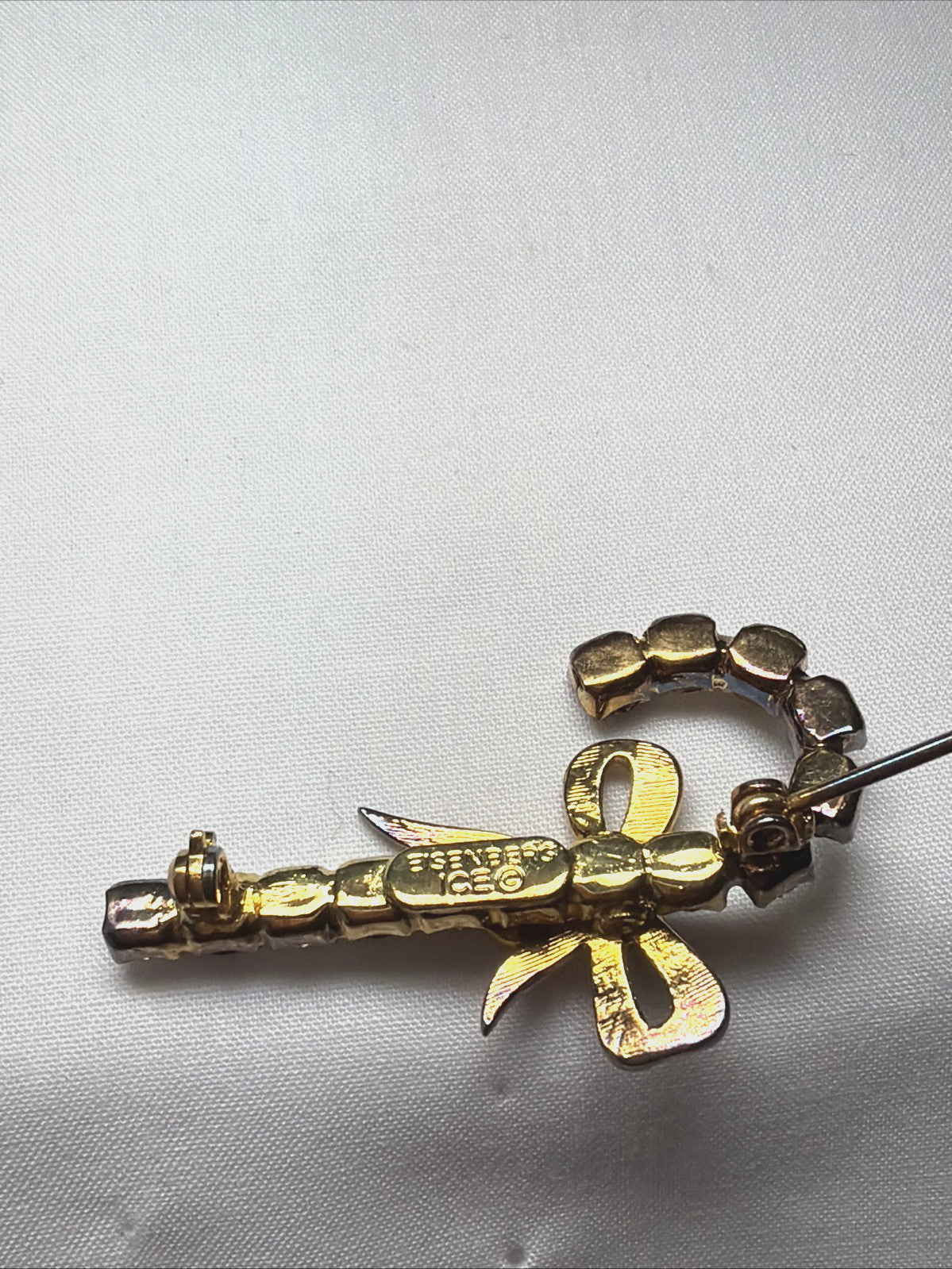 Vintage Eisenberg ICE Candy Cane Brooch Gold Tone Red White Rhinestone Pin 1.75"