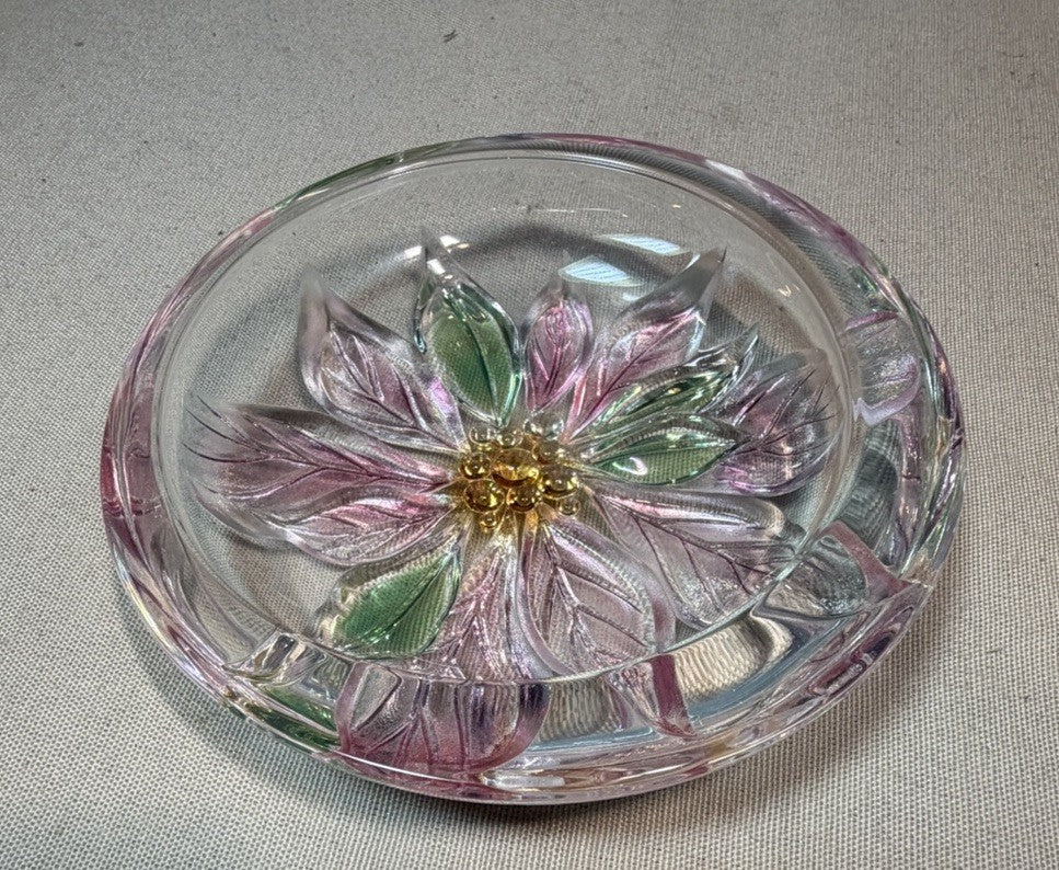 Vintage Savoir Vivre Glass Poinsettia Candy Dish Trinket Tray Floral Holiday