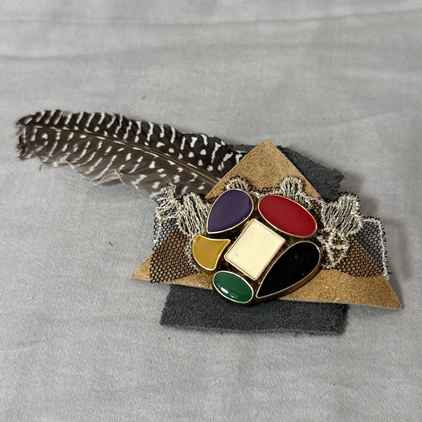Vintage 1980s Mixed Media Artisan Statement Brooch Geometric Abstract Pin
