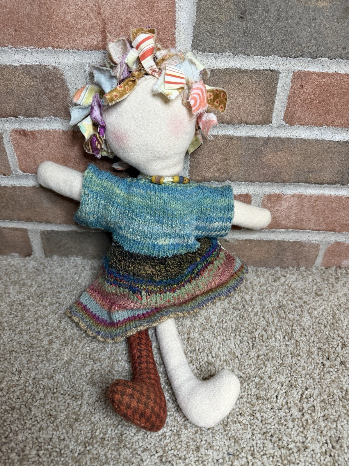 Handmade Art Doll Rag Doll Embroidered Body Knit Dress Hair Ribbon Collar Folk